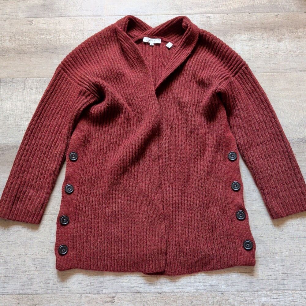 ​Vince Women's Ribbed Cardigan Maroon Wool Alpaca Blend Button Side Detail Sz XS